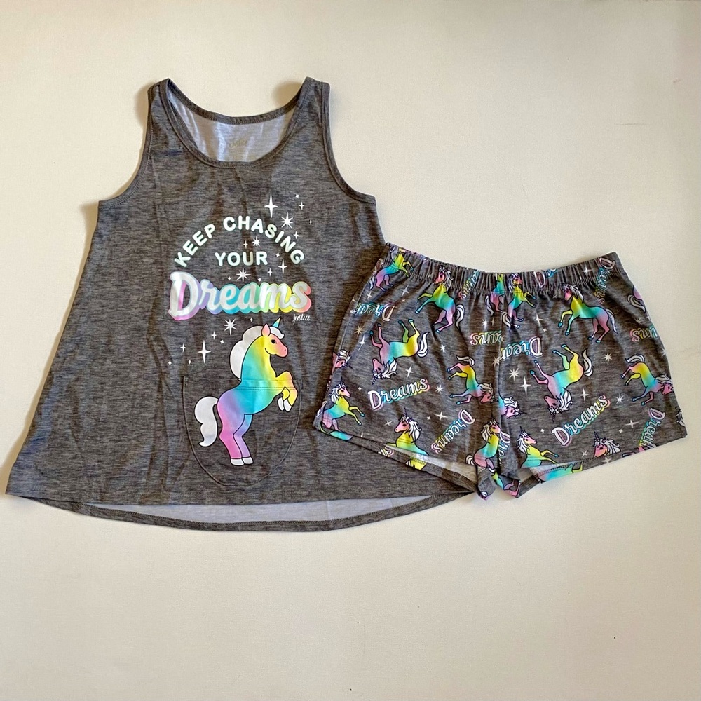 Justice Keep Chasing Your Dreams Unicorn Pajama Set Size 10 Tank Top Shorts